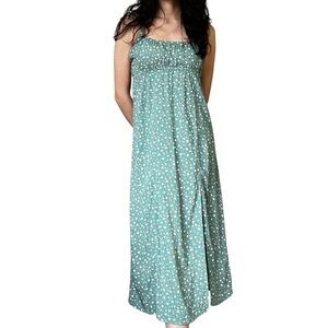 Harlow Women’s Green Summer Dress w/ Cream & Pink Flowers & 2 Slits- Medium